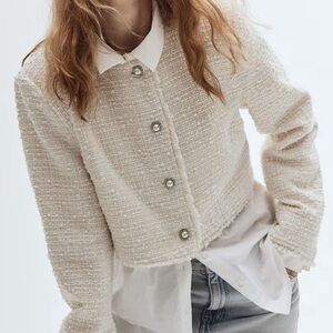 H&M Women Sz XS Cropped Tweed Boucle-Weave Jacket Short Blazer White Cream